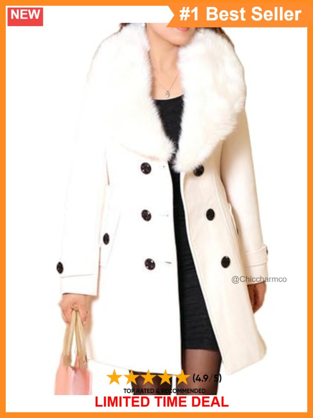 Wool Blend Midi Pea Coat Faux Fur Collar Double Breasted Trench with Belt